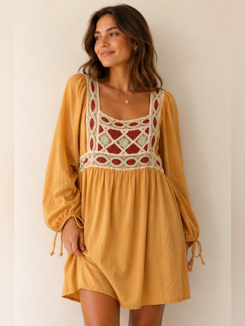 Cato 18/20W Mustard Yellow Boho Crochet Babydoll Dress Cottagecore Plus Size Y2K